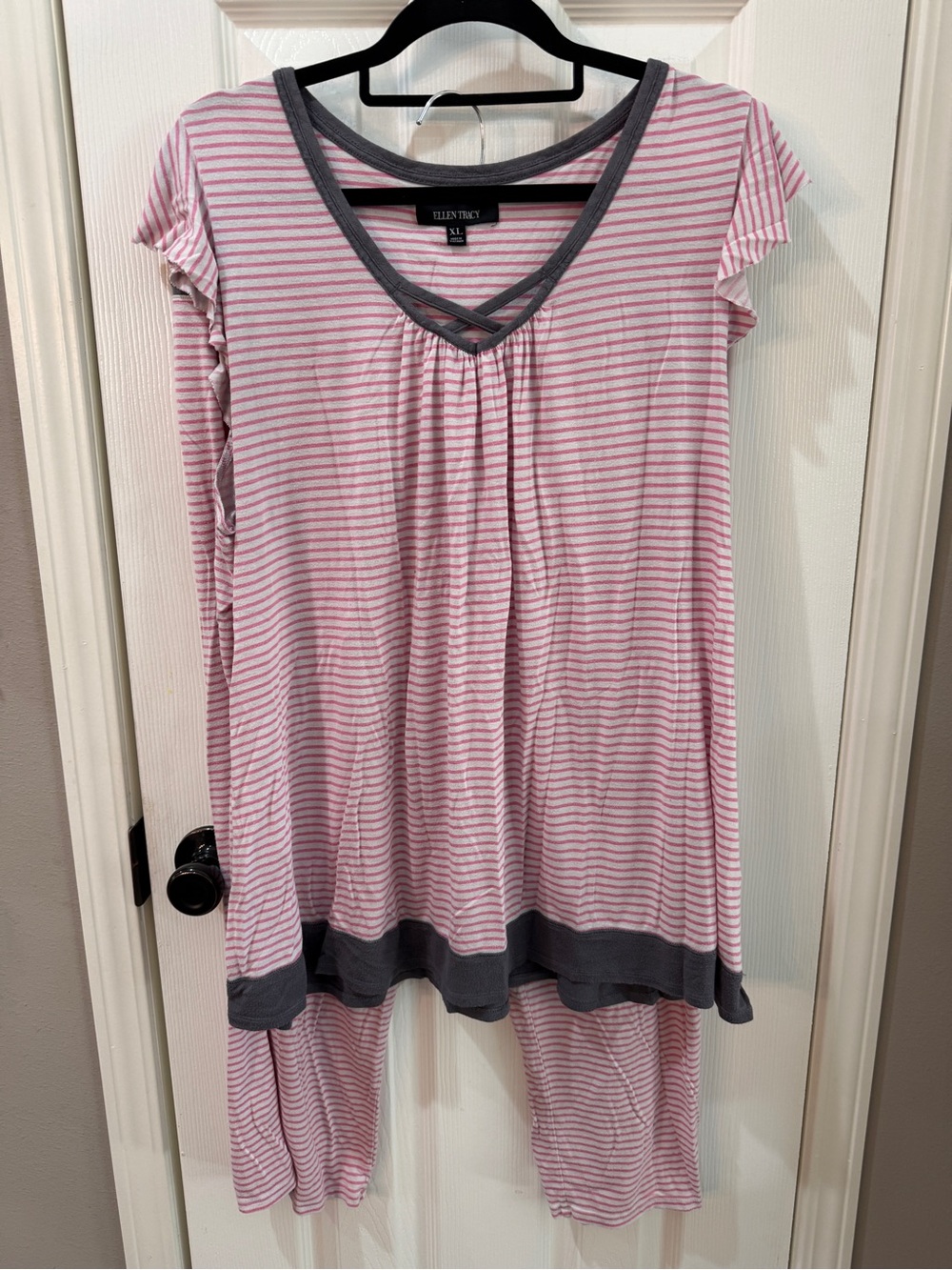 Ellen Tracy Pink and Gray Striped Cap Sleeve Pajama Set